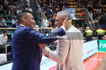 2024-06-09 - President of Trapani Valerio Antonini and former Trapani president Nicolo’ Basciano before the italian basketball “Old Wild West” Lnp championship game 4 of the playoff finals between Fortitudo Flats Services Bologna and Trapani Shark - Bologna, Italy, June 09, 2024 at Paladozza sports hall - Photo: Michele Nucci - GAME 4 - FORTITUDO BOLOGNA VS TRAPANI - ITALIAN SERIE A2 - BASKETBALL