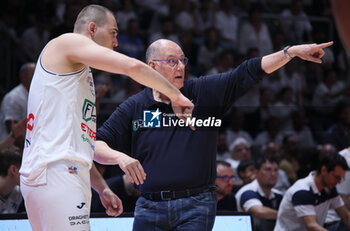 2024-06-09 - Alberto Conti (Fortitudo) and Attilio Caja (head coach of Fortitudo) during the italian basketball “Old Wild West” Lnp championship game 4 of the playoff finals between Fortitudo Flats Services Bologna and Trapani Shark - Bologna, Italy, June 09, 2024 at Paladozza sports hall - Photo: Michele Nucci - GAME 4 - FORTITUDO BOLOGNA VS TRAPANI - ITALIAN SERIE A2 - BASKETBALL