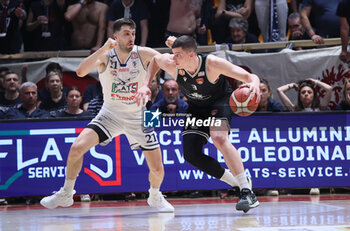 2024-06-09 - Amar Alibegovic (Trapani) in action thwarted by Matteo Fantinelli (Fortitudo) during the italian basketball “Old Wild West” Lnp championship game 4 of the playoff finals between Fortitudo Flats Services Bologna and Trapani Shark - Bologna, Italy, June 09, 2024 at Paladozza sports hall - Photo: Michele Nucci - GAME 4 - FORTITUDO BOLOGNA VS TRAPANI - ITALIAN SERIE A2 - BASKETBALL