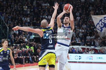 2024-11-10 - Riccardo Bolpin (Fortitudo) in action thwarted by Matteo Schina (Torino) during the italian basketball LBN A2 series championship match Fortitudo Flats Services Bologna Vs Reale Mutua Torino at Paladozza sports hall. Bologna, Italy, November 10, 2024 - Photo: Michele Nucci - FORTITUDO BOLOGNA VS BASKET TORINO - ITALIAN SERIE A2 - BASKETBALL