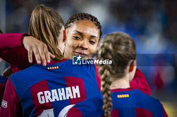 2024-01-17 - Salma Paralluelo of Barcelona seen hugging Caroline Graham of Barcelona before the women football match valid for the semi final of the Spanish Supercopa tournament between Barcelona and Real Madrid played at Estadio Butarque in Leganes, Spain. - BARCELONA VS REAL MADRID - OTHER - SOCCER