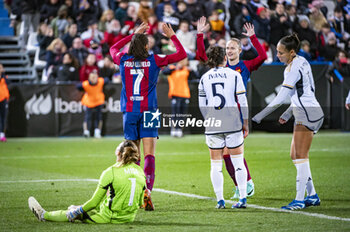 2024-01-17 - Salma Paralluelo seen celebrating his goal with Caroline Graham of Barcelona during the women football match valid for the semi final of the Spanish Supercopa tournament between Barcelona and Real Madrid played at Estadio Butarque in Leganes, Spain. - BARCELONA VS REAL MADRID - OTHER - SOCCER