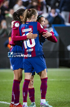 2024-01-17 - Salma Paralluelo seen celebrating his goal with Caroline Graham and Aitana Bonmati of Barcelona during the women football match valid for the semi final of the Spanish Supercopa tournament between Barcelona and Real Madrid played at Estadio Butarque in Leganes, Spain. - BARCELONA VS REAL MADRID - OTHER - SOCCER