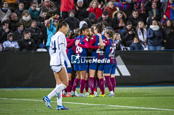 2024-01-17 - Barcelona players celebrate a goal during the women football match valid for the semi final of the Spanish Supercopa tournament between Barcelona and Real Madrid played at Estadio Butarque in Leganes, Spain. - BARCELONA VS REAL MADRID - OTHER - SOCCER