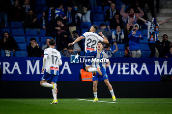 2024-02-17 - Braithwaite (RCD Espanyol) celebrates after scoring his team's goal during a La Liga Hypermotion match between RCD Espanyol and CD Mirandes at Stage Front Stadium, in Barcelona, ,Spain on February 17, 2024. Photo by Felipe Mondino - RCD ESPANYOL - CD MIRANDES - OTHER - SOCCER