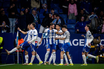 2024-02-17 - Braithwaite (RCD Espanyol) and celebrates after scoring his team's goal with team mates during a La Liga Hypermotion match between RCD Espanyol and CD Mirandes at Stage Front Stadium, in Barcelona, ,Spain on February 17, 2024. Photo by Felipe Mondino - RCD ESPANYOL - CD MIRANDES - OTHER - SOCCER