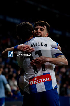 2024-02-17 - Alvaro Aguado (RCD Espanyol) celebrates after scoring his team's goal with team mates during a La Liga Hypermotion match between RCD Espanyol and CD Mirandes at Stage Front Stadium, in Barcelona, ,Spain on February 17, 2024. Photo by Felipe Mondino - RCD ESPANYOL - CD MIRANDES - OTHER - SOCCER