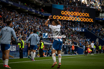2024-04-21 - Braithwaite (RCD Espanyol) celebrates after scoring his team's goal during a La Liga Hypermotion match between RCD Espanyol and FC Andorra at Stage Front Stadium, in Barcelona, ,Spain on April 21, 2024. Photo by Felipe Mondino - RCD ESPANYOL - FC ANDORRA - OTHER - SOCCER