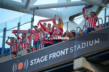 2024-06-13 - Supporters of Real Sporting are seen during a Playoff La Liga Hypermotion match between RCD Espanyol and Real Sporting at Stage Front Stadium, in Barcelona, ,Spain on June 13, 2024. Photo by Felipe Mondino - RCD ESPANYOL - REAL SPORTING - OTHER - SOCCER