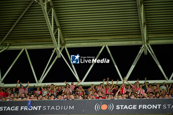 2024-06-13 - Supporters of Real Sporting are seen during a Playoff La Liga Hypermotion match between RCD Espanyol and Real Sporting at Stage Front Stadium, in Barcelona, ,Spain on June 13, 2024. Photo by Felipe Mondino - RCD ESPANYOL - REAL SPORTING - OTHER - SOCCER