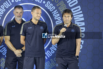 2024-07-18 - Giuseppe Maiuri, match analyst (L) and Napoli’s Italian coach Antonio Conteduring Presentation of the ssc napoli technical staff , SSC Napoli's 2024-25 preseason training camp in val di sole in Trentino, Dimaro Folgarida

 - SSC NAPOLI TRAINING - OTHER - SOCCER