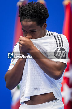 2024-07-27 - Endrick Felipe Moreira de Sousa poses for photos with Real Madrid jersey during his presentation at Estadio Santiago Bernabeu on July 27, 2024 in Madrid, Spain. - REAL MADRID UNVEILS NEW SIGNING ENDRICK - OTHER - SOCCER