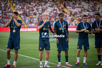 2024-08-12 - Pau Cubarsi (FC Barcelona), Dani Olmo (FC Barcelona), Lamine Yamal (FC Barcelona), Pedri (FC Barcelona) and Ferran Torres (FC Barcelona) smiles during a Joan Gamper Trophy at Estadi Olimpic Lluis Companys in Barcelona, Spain, on August 12 2024. Photo by Felipe Mondino - TROFEU JOAN GAMPER: FC BARCELONA - AS MONACO - OTHER - SOCCER