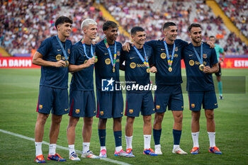 2024-08-12 - Pau Cubarsi (FC Barcelona), Dani Olmo (FC Barcelona), Lamine Yamal (FC Barcelona), Pedri (FC Barcelona) and Ferran Torres (FC Barcelona) smiles during a Joan Gamper Trophy at Estadi Olimpic Lluis Companys in Barcelona, Spain, on August 12 2024. Photo by Felipe Mondino - TROFEU JOAN GAMPER: FC BARCELONA - AS MONACO - OTHER - SOCCER