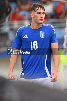 2024-09-05 - Pio Esposito (ITA) celebrates after scoring the gol of 3-0 during the UEFA U21 Euro 2025 Qualifier match between Italy and San Marino at the Domenico Francioni Stadium on September 5, 2024 in Latina, Italy. - UEFA UNDER 21 - ITALY VS SAN MARINO - OTHER - SOCCER