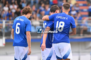 2024-09-05 - Pio Esposito (ITA) celebrates after scoring the gol of 3-0 during the UEFA U21 Euro 2025 Qualifier match between Italy and San Marino at the Domenico Francioni Stadium on September 5, 2024 in Latina, Italy. - UEFA UNDER 21 - ITALY VS SAN MARINO - OTHER - SOCCER