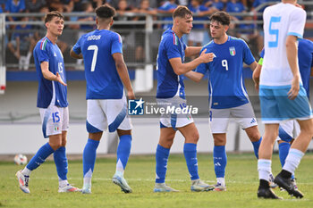 2024-09-05 - Pio Esposito (ITA) celebrates after scoring the gol of 4-0 during the UEFA U21 Euro 2025 Qualifier match between Italy and San Marino at the Domenico Francioni Stadium on September 5, 2024 in Latina, Italy. - UEFA UNDER 21 - ITALY VS SAN MARINO - OTHER - SOCCER