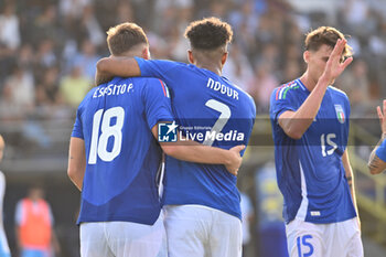 2024-09-05 - Pio Esposito (ITA) celebrates after scoring the gol of 5-0 during the UEFA U21 Euro 2025 Qualifier match between Italy and San Marino at the Domenico Francioni Stadium on September 5, 2024 in Latina, Italy. - UEFA UNDER 21 - ITALY VS SAN MARINO - OTHER - SOCCER