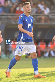 2024-09-05 - Antonio Raimondo (ITA) celebrates after scoring the gol of 6-0 during the UEFA U21 Euro 2025 Qualifier match between Italy and San Marino at the Domenico Francioni Stadium on September 5, 2024 in Latina, Italy. - UEFA UNDER 21 - ITALY VS SAN MARINO - OTHER - SOCCER