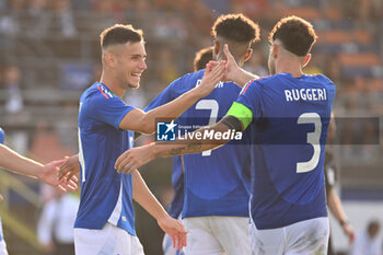 2024-09-05 - Antonio Raimondo (ITA) celebrates after scoring the gol of 6-0 during the UEFA U21 Euro 2025 Qualifier match between Italy and San Marino at the Domenico Francioni Stadium on September 5, 2024 in Latina, Italy. - UEFA UNDER 21 - ITALY VS SAN MARINO - OTHER - SOCCER