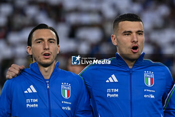 2024-06-09 - Italy's defender Matteo Darmian and Italy's defender Raoul Bellanova during the anthem - ITALY VS BOSNIA - FRIENDLY MATCH - SOCCER
