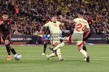 2024-03-22 - Mateo Cassierra of Colombia and Joselu, Pedro Porro of Spain during the International Friendly football match between Spain and Colombia on 22 March 2024 at the London Stadium in London, England - FOOTBALL - FRIENDLY GAME - SPAIN V COLOMBIA - FRIENDLY MATCH - SOCCER