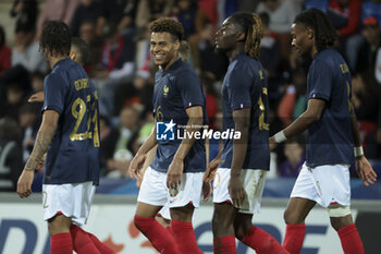 2024-03-22 - Desire Doue celebrates his goal with teammates during the International Under 23 Friendly football match between France U23 and Ivory Coast U23 on March 22, 2024 at Stade Gaston Petit in Chateauroux, France - FOOTBALL - U23 FRIENDLY GAME - FRANCE V IVORY COAST - FRIENDLY MATCH - SOCCER