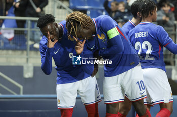 2024-03-25 - Arnaud Kalimuendo of France celebrates his goal with Manu Kone of France during the International Under 23 Friendly football match between France U23 and United States, USA U23 on March 25, 2024 at Stade Auguste Bonal in Sochaux Montbeliard, France - FOOTBALL - U23 FRIENDLY GAME - FRANCE V USA - FRIENDLY MATCH - SOCCER