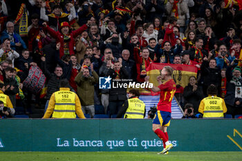 2024-03-26 - Dani Olmo of Spain celebrates his goal during the friendly football match among the national teams of Spain and Brazil at Estadio Santiago Bernabeu, Madrid. - SPAIN VS BRAZIL - FRIENDLY MATCH - SOCCER