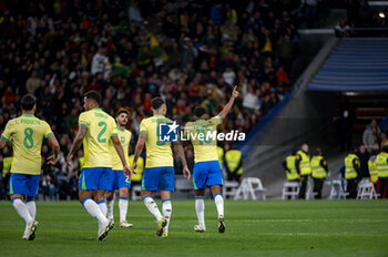 2024-03-26 - Rodrygo Goes of Brazil (R) celebrates his goal during the friendly football match among the national teams of Spain and Brazil at Estadio Santiago Bernabeu, Madrid. - SPAIN VS BRAZIL - FRIENDLY MATCH - SOCCER
