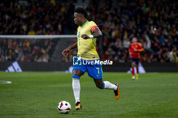 2024-03-26 - Vinicius Junior of Brazil in action with the ball during the friendly football match among the national teams of Spain and Brazil at Estadio Santiago Bernabeu, Madrid. - SPAIN VS BRAZIL - FRIENDLY MATCH - SOCCER