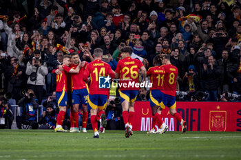 2024-03-26 - Rodrigo Cascante of Spain (L) celebrates his goal with his teammates during the friendly football match among the national teams of Spain and Brazil at Estadio Santiago Bernabeu, Madrid. - SPAIN VS BRAZIL - FRIENDLY MATCH - SOCCER