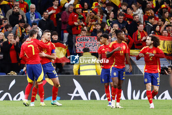2024-03-26 - Rodri of Spain celebrates a goal during the International friendly football match between Spain and Brazil on March 26, 2024 at Santiago Bernabeu stadium in Madrid, Spain - FOOTBALL - FRIENDLY GAME - SPAIN V BRAZIL - FRIENDLY MATCH - SOCCER