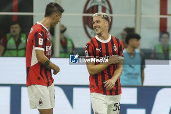 2024-08-13 - Alexis Saelemaekers of AC Milan  celebrates with Alvaro Morata of AC Milan  during AC Milan vs AC Monza , 2° edition of 