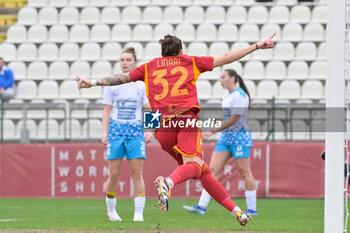 2024-02-07 - Elena Linari (AS Roma Women); celebrates after scoring the goal 2-0 during the Italian women's  Italian Cup 2023/2024 match between AS Roma Women vs SSC Napoli Women at the Tre Fontane stadium in Rome on 0t February 2024. - AS ROMA VS NAPOLI FEMMINILE - WOMEN ITALIAN CUP - SOCCER