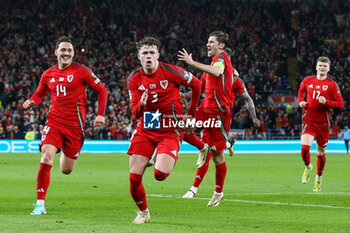 2024-03-21 - Neco Williams (3) of Wales celebrates his goal 2-0 during the UEFA Euro 2024, Play-off football match between Wales and Finland on 21 March 2024 at Cardiff City Stadium in Cardiff, Wales - FOOTBALL - EURO 2024 - PLAY OFF - WALES V FINLAND - UEFA EUROPEAN - SOCCER