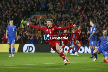 2024-03-21 - David Brooks (7) of Wales celebrates his goal 1-0 during the UEFA Euro 2024, Play-off football match between Wales and Finland on 21 March 2024 at Cardiff City Stadium in Cardiff, Wales - FOOTBALL - EURO 2024 - PLAY OFF - WALES V FINLAND - UEFA EUROPEAN - SOCCER