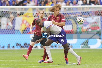 2024-07-01 - Marcus Thuram of France and Wout Faes of Belgium during the UEFA Euro 2024, Round of 16 football match between France and Belgium on 1 July 2024 at Merkur Spiel-Arena in Dusseldorf, Germany - FOOTBALL - EURO 2024 - 1/8 - FRANCE V BELGIUM - UEFA EUROPEAN - SOCCER