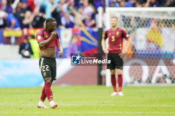 2024-07-01 - Jeremy Doku of Belgium looks dejected during the UEFA Euro 2024, Round of 16 football match between France and Belgium on 1 July 2024 at Merkur Spiel-Arena in Dusseldorf, Germany - FOOTBALL - EURO 2024 - 1/8 - FRANCE V BELGIUM - UEFA EUROPEAN - SOCCER