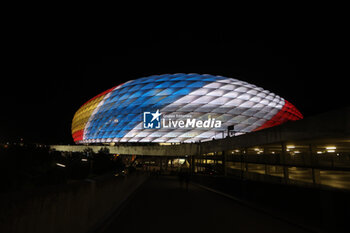 2024-07-09 - Munich , Germany 09.07.2024: Stadium illuminated with the colors of Spain after UEFA EURO 2024 semi-finals, football match between Spain vs France at Munich Football Allianz Arena - UEFA EURO 2024 - SEMIFINALS - SPAIN VS FRANCE  - UEFA EUROPEAN - SOCCER