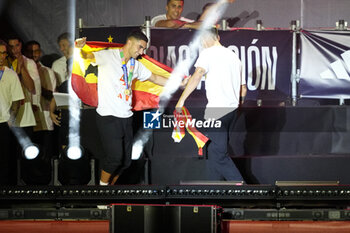 2024-07-15 - Spanish players Ferran Torres (L) and Alvaro Morata (R) seen celebrating during the celebration of the Spanish national football team for the victory of the UEFA Euro 2024 title at Plaza de Cibeles on May 12, 2024 in Madrid, Spain. - SPAIN CELEBRATION UEFA EURO 2024 WIN - UEFA EUROPEAN - SOCCER