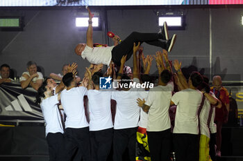 2024-07-15 - Luis de la Fuente, head coach of Spain, seen throwning into the air by his teammates during the celebration of the Spanish national football team for the victory of the UEFA Euro 2024 title at Plaza de Cibeles on May 12, 2024 in Madrid, Spain. - SPAIN CELEBRATION UEFA EURO 2024 WIN - UEFA EUROPEAN - SOCCER