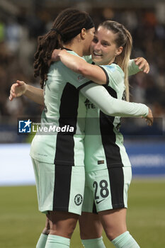 2024-01-30 - Mia Fishel of Chelsea celebrates her goal with Jelena Cankovic during the UEFA Women's Champions League, Group D football match between Paris FC and Chelsea on January 30, 2024 at Sebastien Charlety stadium in Paris, France - FOOTBALL - WOMEN'S CHAMPIONS LEAGUE - PARIS FC V CHELSEA - UEFA CHAMPIONS LEAGUE WOMEN - SOCCER