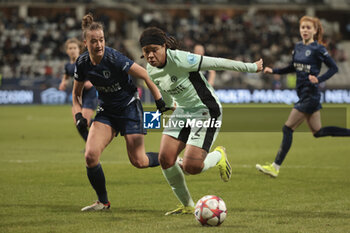 2024-01-30 - Mia Fishel of Chelsea, left Thea Greboval of Paris FC during the UEFA Women's Champions League, Group D football match between Paris FC and Chelsea on January 30, 2024 at Sebastien Charlety stadium in Paris, France - FOOTBALL - WOMEN'S CHAMPIONS LEAGUE - PARIS FC V CHELSEA - UEFA CHAMPIONS LEAGUE WOMEN - SOCCER