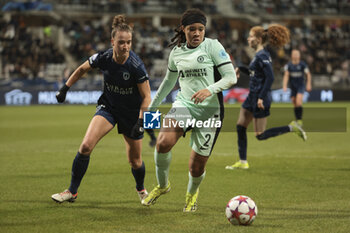 2024-01-30 - Mia Fishel of Chelsea, left Thea Greboval of Paris FC during the UEFA Women's Champions League, Group D football match between Paris FC and Chelsea on January 30, 2024 at Sebastien Charlety stadium in Paris, France - FOOTBALL - WOMEN'S CHAMPIONS LEAGUE - PARIS FC V CHELSEA - UEFA CHAMPIONS LEAGUE WOMEN - SOCCER