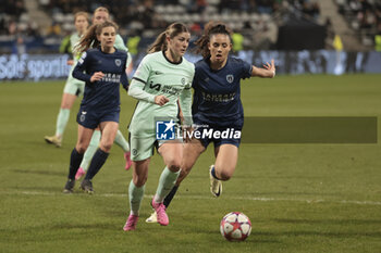 2024-01-30 - Maren Mjelde of Chelsea, Louna Ribadeira of Paris FC during the UEFA Women's Champions League, Group D football match between Paris FC and Chelsea on January 30, 2024 at Sebastien Charlety stadium in Paris, France - FOOTBALL - WOMEN'S CHAMPIONS LEAGUE - PARIS FC V CHELSEA - UEFA CHAMPIONS LEAGUE WOMEN - SOCCER