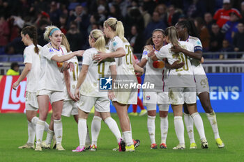 2024-03-27 - Delphine CASCARINO of Lyon celebrate scoring the goal and Selma BACHA of Lyon during the UEFA Women's Champions League, Quarter-finals, 2nd leg football match between Olympique Lyonnais and SL Benfica on March 27, 2024 at Groupama stadium in Decines-Charpieu near Lyon, France - FOOTBALL - WOMEN'S CHAMPIONS LEAGUE - LYON V BENFICA - UEFA CHAMPIONS LEAGUE WOMEN - SOCCER