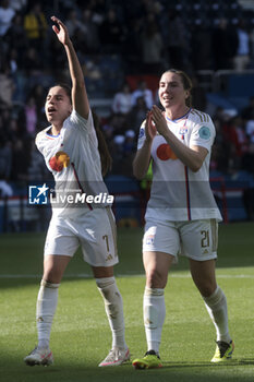 2024-04-28 - Amel Majri, Vanessa Gilles of Lyon celebrate the victory following the UEFA Women's Champions League, Semi-finals, 2nd leg football match between Paris Saint-Germain and Olympique Lyonnais on April 28, 2024 at Parc des Princes stadium in Paris, France - FOOTBALL - WOMEN'S CHAMPIONS LEAGUE - PARIS SG V LYON - UEFA CHAMPIONS LEAGUE WOMEN - SOCCER