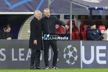 2024-02-13 - Coach Carlo Ancelotti of Real Madrid and Coach Marco Rose of RB Leipzig during the UEFA Champions League, Round of 16 1st leg football match between Red Bull Leipzig and Real Madrid on February 13, 2024 at Red Bull Arena in Leipzig, Germany - FOOTBALL - CHAMPIONS LEAGUE - RB LEIPZIG V REAL MADRID - UEFA CHAMPIONS LEAGUE - SOCCER