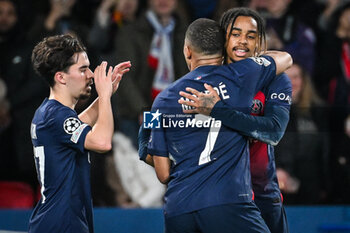 2024-02-14 - Bradley BARCOLA of PSG celebrate his goal with Kylian MBAPPE of PSG and Vitor MACHADO FERREIRA (Vitinha) of PSG during the UEFA Champions League, Round of 16 1st leg football match between Paris Saint-Germain and Real Sociedad on February 14, 2024 at Parc des Princes stadium in Paris, France - FOOTBALL - CHAMPIONS LEAGUE - PARIS SG V REAL SOCIEDAD - UEFA CHAMPIONS LEAGUE - SOCCER